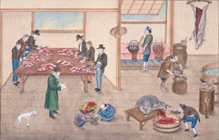 幕末のオランダ屋敷での豚解体の様子（長崎歴史文化博物館所蔵）
